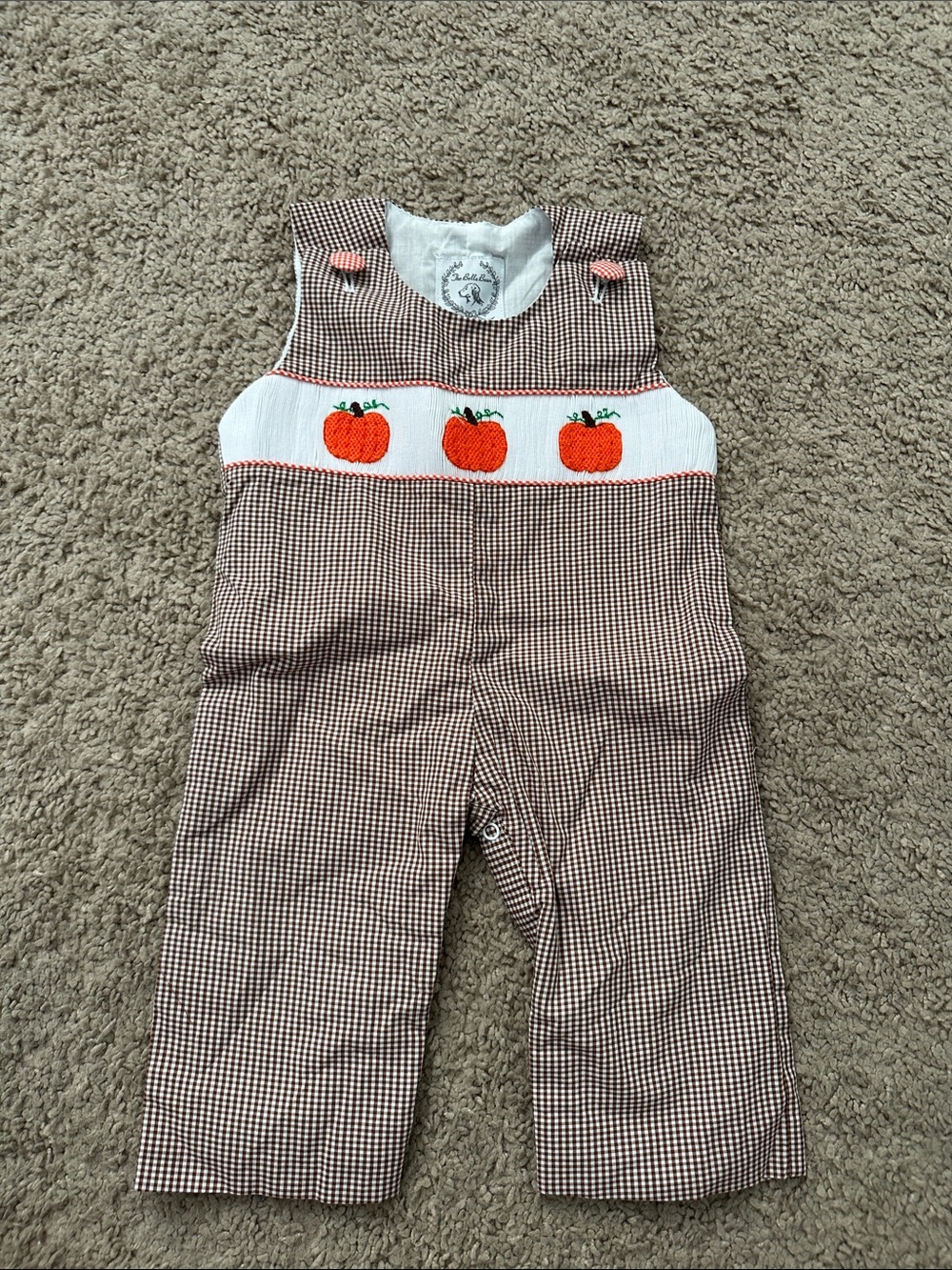 NWT Brown Gingham Pumpkin Smocked Kids Overalls The Bella Bean 3m